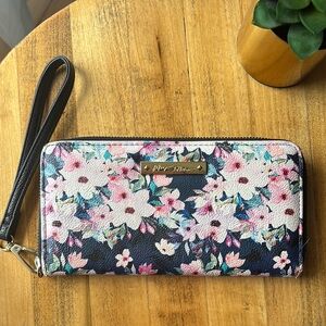 Betsey Johnson Black and Pink Floral Clutch Wristlet